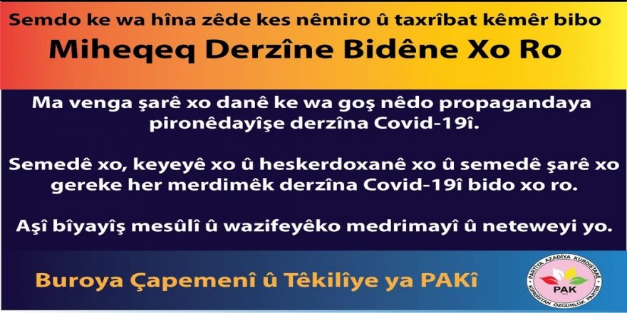 PAK: Semedo ke wa hîna zêde kes nêmiro û texrîbat kêmêr bo, derzîne bidêne xo ro