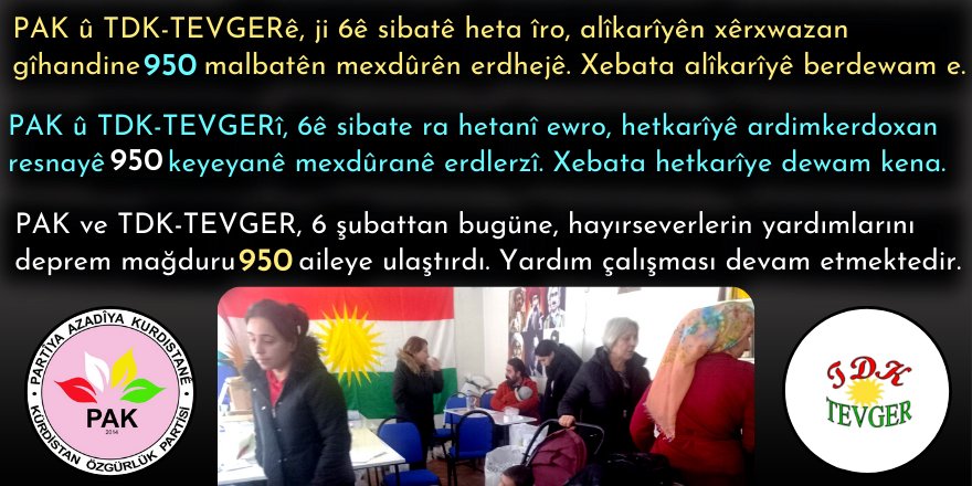 PAK û TDK-TEVGERî, hetkarîyê ardimkerdoxan resnayê 950 keyeyanê mexdûranê erdlerzî