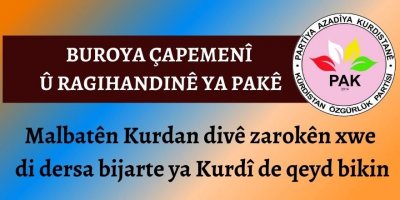 PAK: Malbatên Kurdan divê zarokên xwe di dersa bijarte ya Kurdî de qeyd bikin