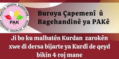 PAK: Ji bo ku malbatên Kurdan zarokên xwe di dersa bijarte ya Kurdî de qeyd bikin 4 roj mane