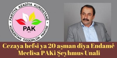 Mehkemeya Mardînî cezaya hefsî ya 20 aşman da Endamê Meclîsa PAKî Şeyhmus Unalî